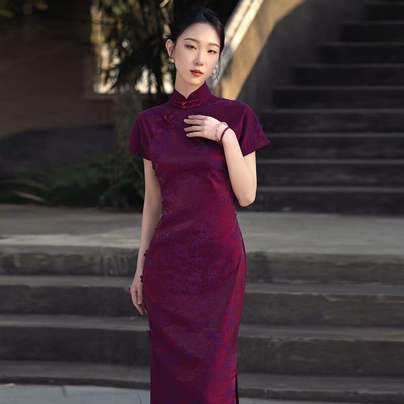 Beth and Brian Qipao-SMQ Ancient Craft Full Placket, purple midi Cheongsam