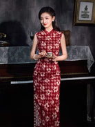 Beth and Brian Qipao-XLY Old Shanghai style, plaid and floral pattern, red long Cheongsam