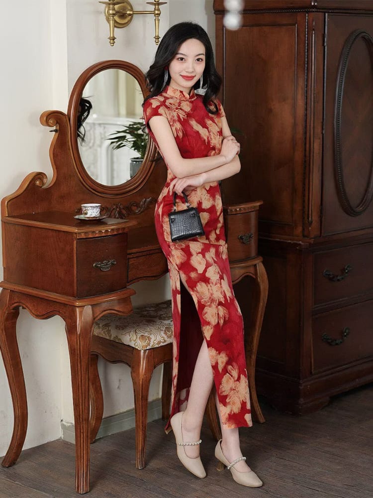 Beth and Brian Qipao-XLY Cap Sleeves, floral pattern, wedding long Cheongsam