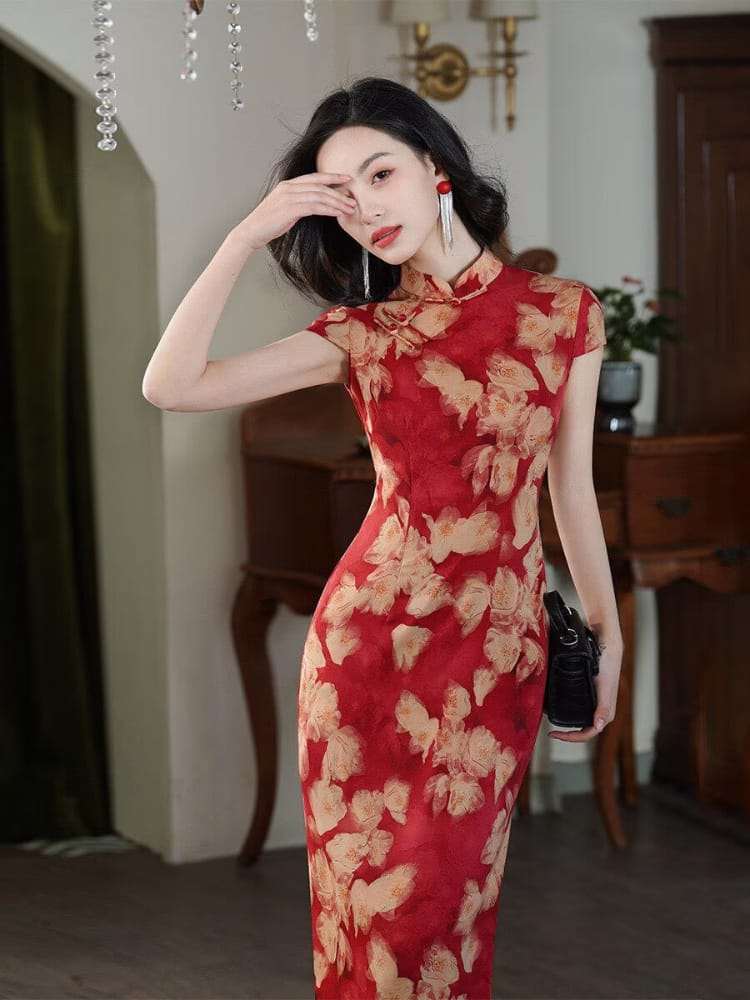 Beth and Brian Qipao-XLY Cap Sleeves, floral pattern, wedding long Cheongsam