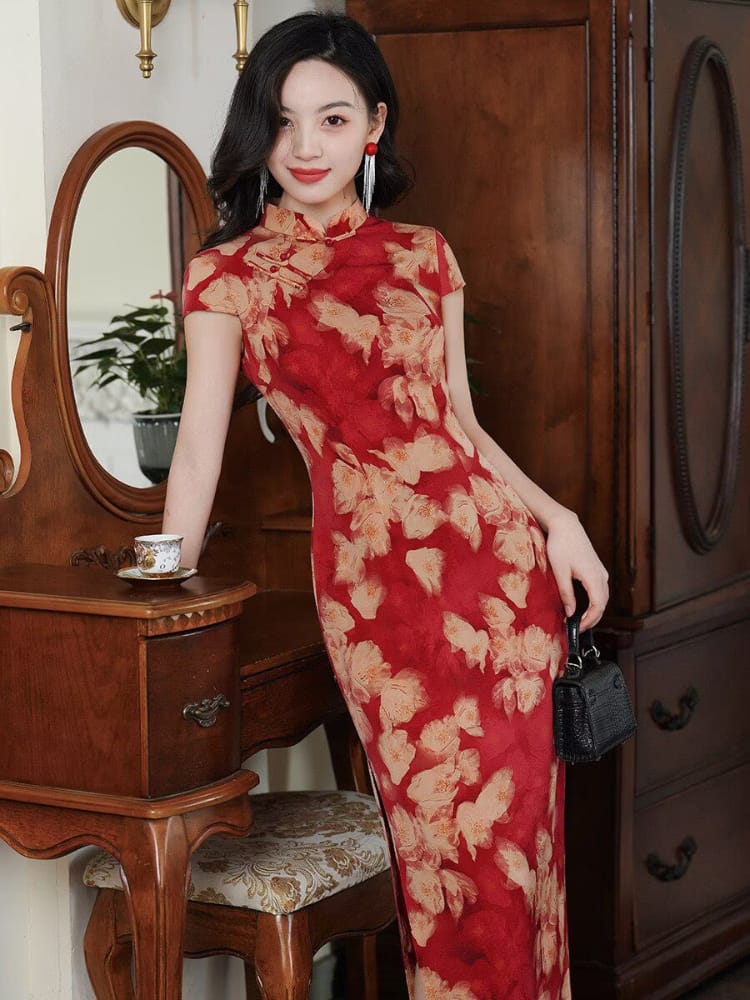 Beth and Brian Qipao-XLY Cap Sleeves, floral pattern, wedding long Cheongsam