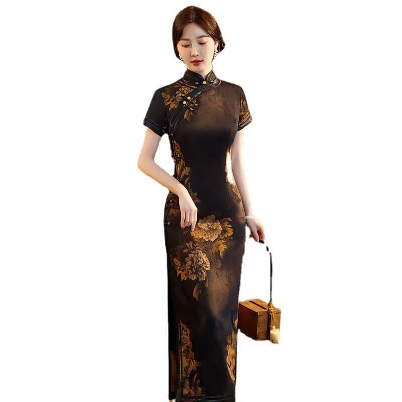Beth and Brian Qipao-TQX Floral pattern, acetate satin fabric, high-end long Cheongsam