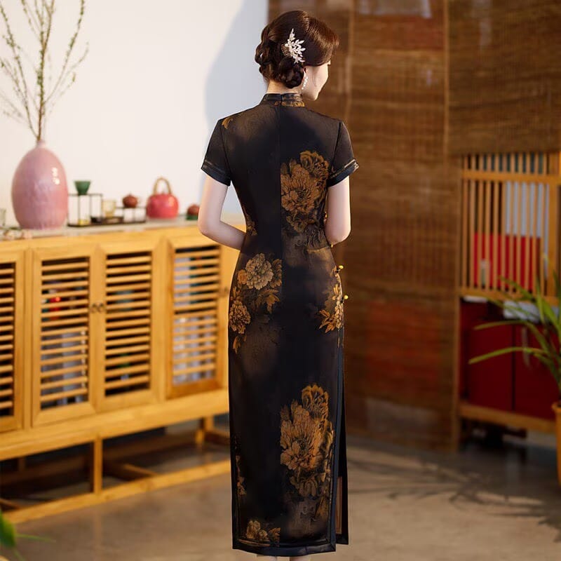Beth and Brian Qipao-TQX Floral pattern, acetate satin fabric, high-end long Cheongsam