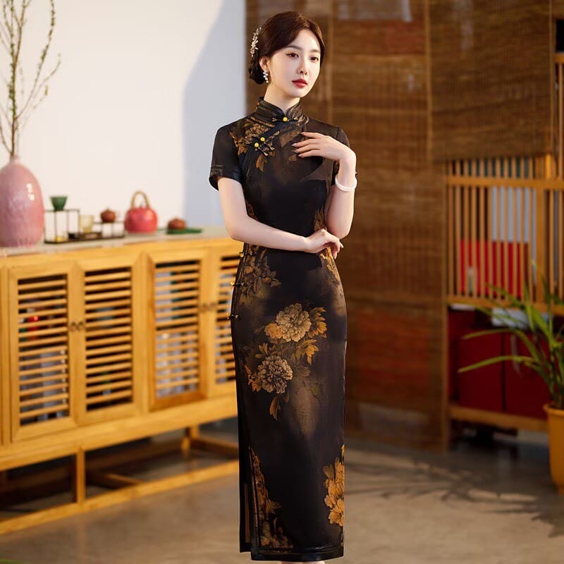 Beth and Brian Qipao-TQX Floral pattern, acetate satin fabric, high-end long Cheongsam