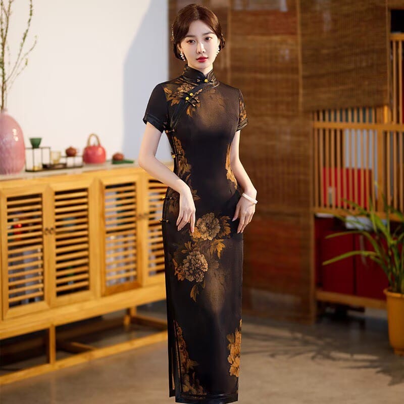 Beth and Brian Qipao-TQX Floral pattern, acetate satin fabric, high-end long Cheongsam
