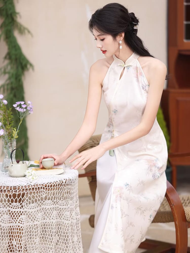 Beth and Brian Qipao-LSB Halter, lace beige midi Cheongsam