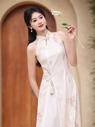 Beth and Brian Qipao-LSB Halter, lace beige midi Cheongsam