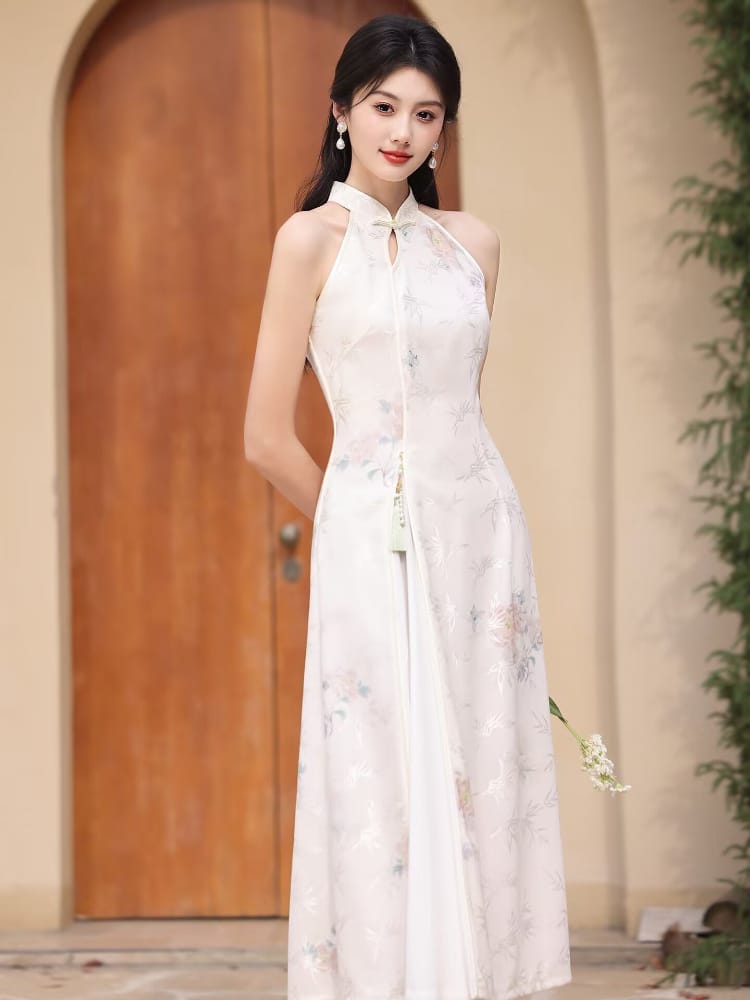 Beth and Brian Qipao-LSB Halter, lace beige midi Cheongsam