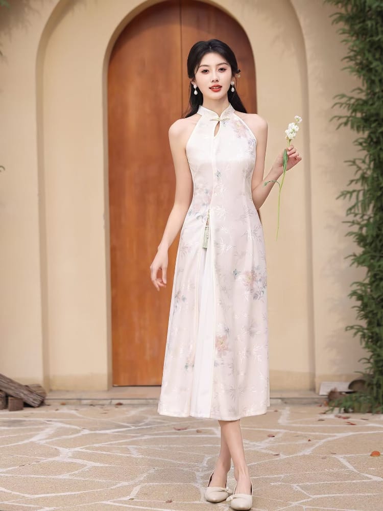Beth and Brian Qipao-LSB Halter, lace beige midi Cheongsam