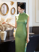 Beth and Brian Qipao-LSB Vintage floral pattern, Sleeveless, floral green long Cheongsam