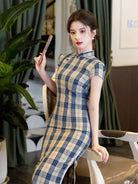 Beth and Brian Qipao-LSB Plaid pattern cotton midi Cheongsam