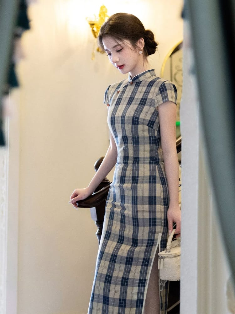 Beth and Brian Qipao-LSB Plaid pattern cotton midi Cheongsam