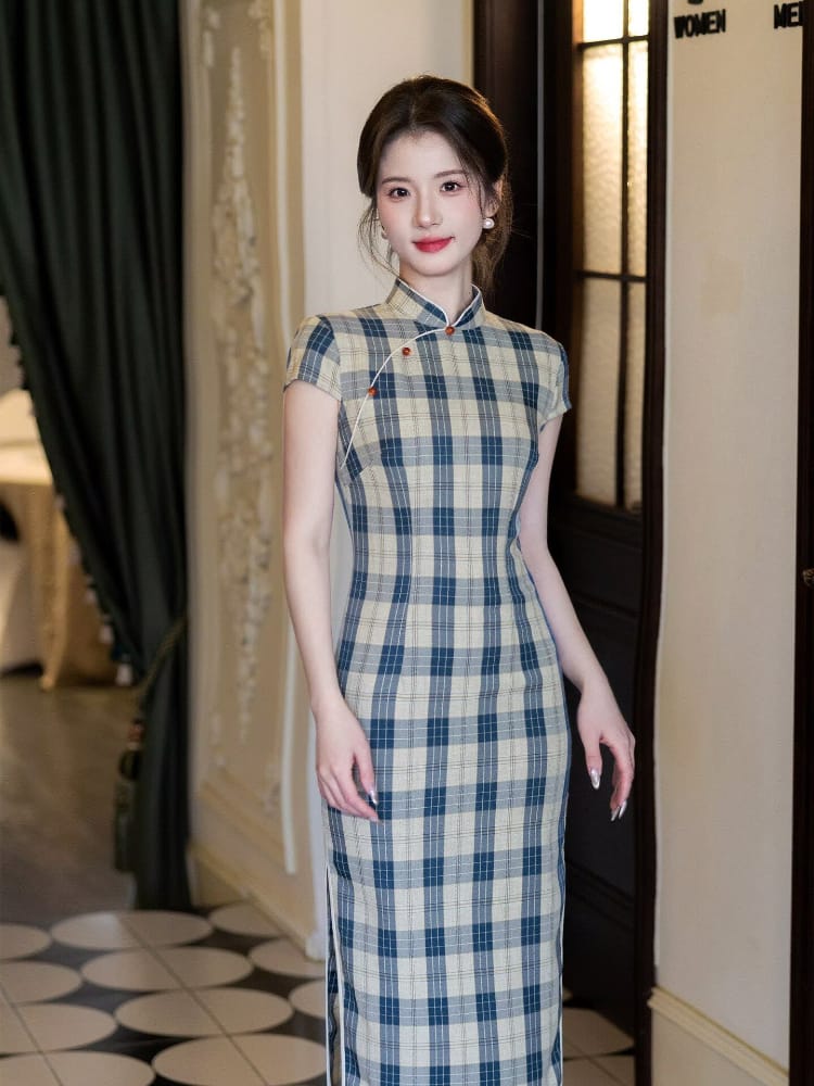 Beth and Brian Qipao-LSB Plaid pattern cotton midi Cheongsam