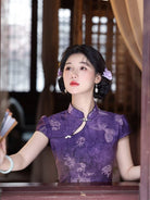 Beth and Brian Qipao-LSB Flocking fabric, butterfly pattern, purple midi Cheongsam