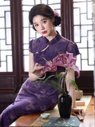 Beth and Brian Qipao-LSB Flocking fabric, butterfly pattern, purple midi Cheongsam