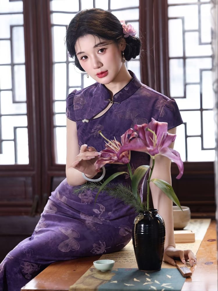 Beth and Brian Qipao-LSB Flocking fabric, butterfly pattern, purple midi Cheongsam