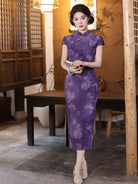 Beth and Brian Qipao-LSB Flocking fabric, butterfly pattern, purple midi Cheongsam