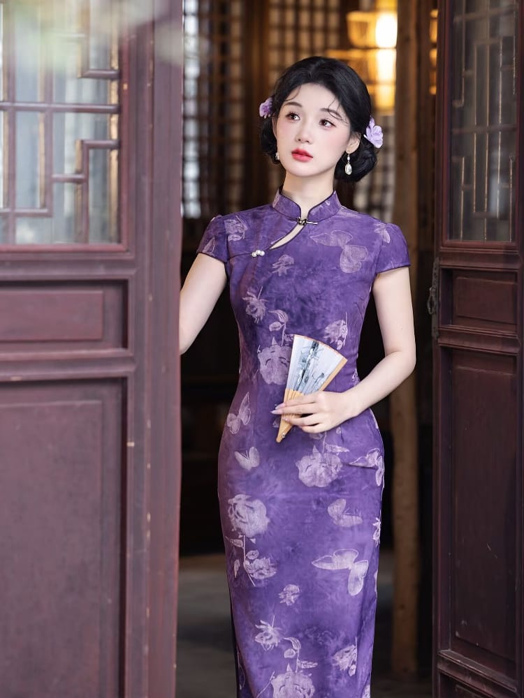Beth and Brian Qipao-LSB Flocking fabric, butterfly pattern, purple midi Cheongsam