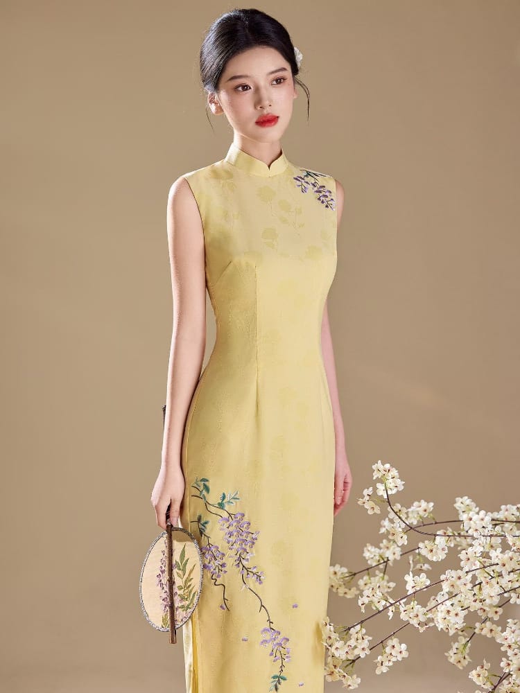 Beth and Brian Qipao-LSB Floral pattern, jacquard satin midi Cheongsam