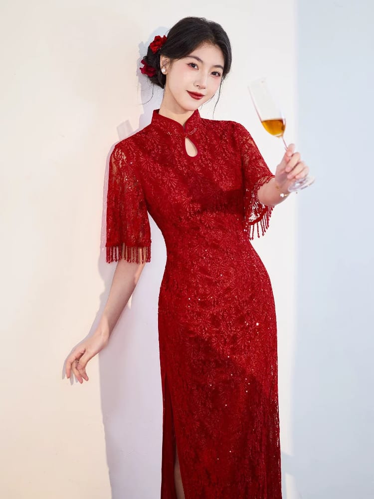 Beth and Brian Qipao-JNX Floral pattern, wedding lace midi Cheongsam