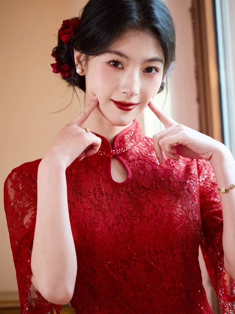 Beth and Brian Qipao-JNX Floral pattern, wedding lace midi Cheongsam