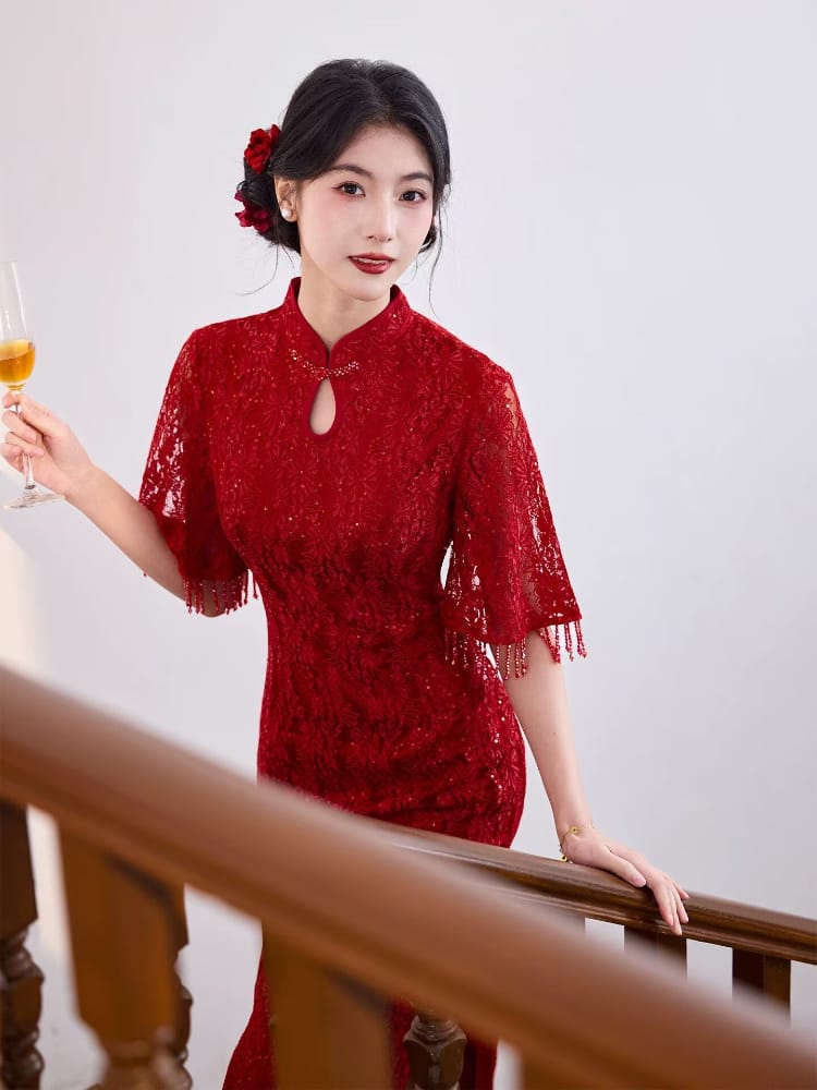 Beth and Brian Qipao-JNX Floral pattern, wedding lace midi Cheongsam