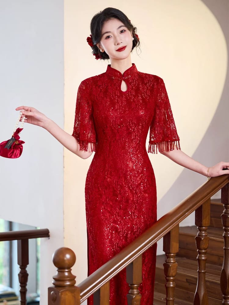 Tea Ceremony Floral Lace Cheongsam | Red Qipao Beth & Brian Qipao M / Wine Red Tea Ceremony Floral Lace Cheongsam | Red Qipao Beth & Brian Qipao M / Wine Red