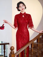 Beth and Brian Qipao-JNX Floral pattern, wedding lace midi Cheongsam