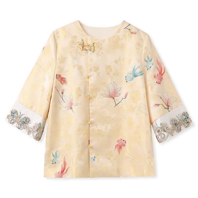 Beth and Brian Qipao-JZSZ Round Neck, Koi Fish pattern, Frog Button, Gold Satin Qipao Set