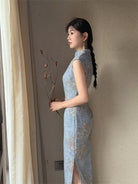 Beth and Brian Qipao-LSB Tencel linen fabric, daily blue midi Cheongsam