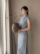 Beth and Brian Qipao-LSB Tencel linen fabric, daily blue midi Cheongsam