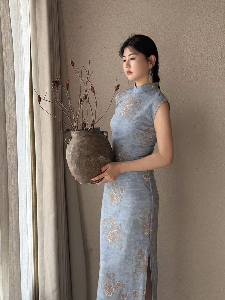 Beth and Brian Qipao-LSB Tencel linen fabric, daily blue midi Cheongsam