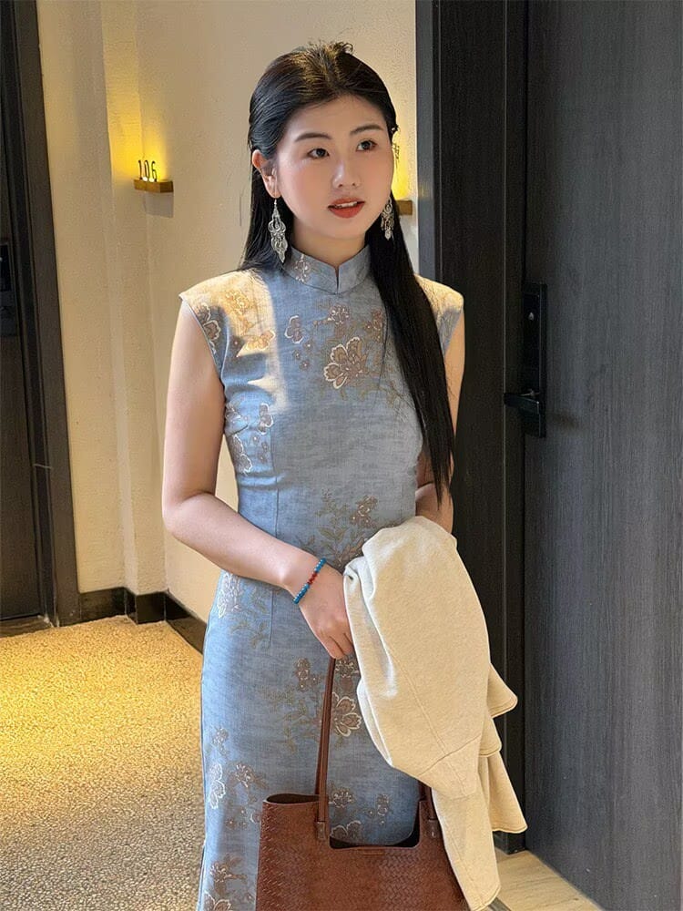 Beth and Brian Qipao-LSB Tencel linen fabric, daily blue midi Cheongsam