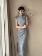 Beth and Brian Qipao-LSB Tencel linen fabric, daily blue midi Cheongsam
