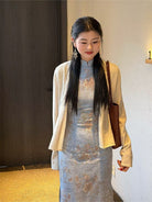 Beth and Brian Qipao-LSB Tencel linen fabric, daily blue midi Cheongsam
