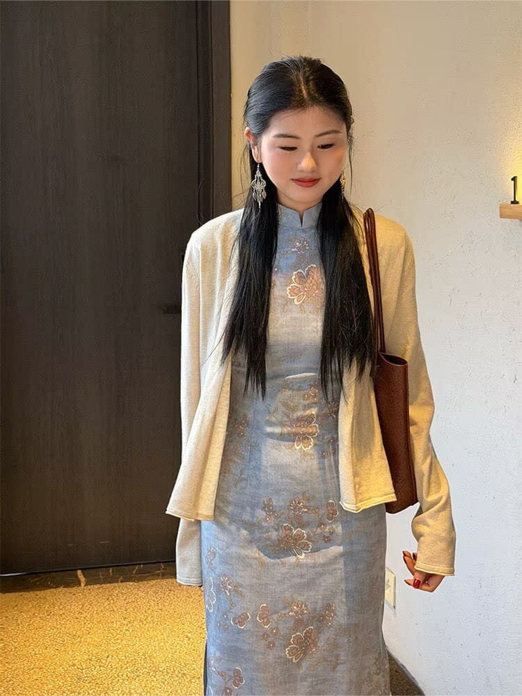 Beth and Brian Qipao-LSB Tencel linen fabric, daily blue midi Cheongsam