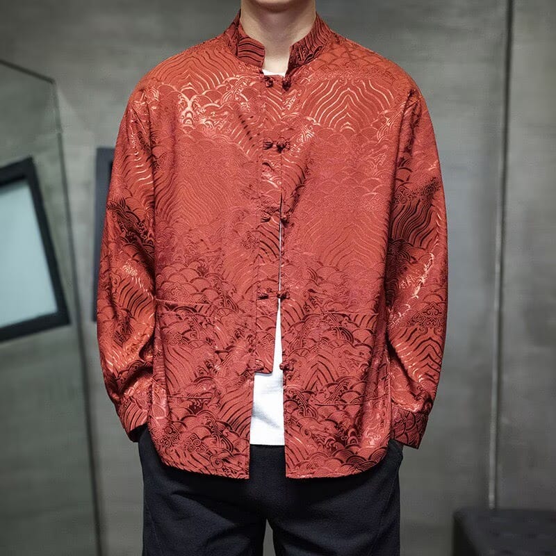 Beth and Brian Qipao-QX Men's Wave Pattern Frog Button Tang Suit Shirt