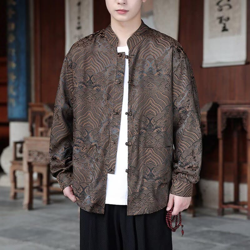 Beth and Brian Qipao-QX Men's Wave Pattern Frog Button Tang Suit Shirt