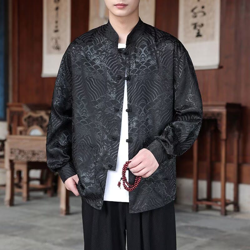 Beth and Brian Qipao-QX Men's Wave Pattern Frog Button Tang Suit Shirt