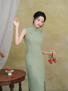 Beth and Brian Qipao-TX Sleeveless, plain pattern, silk linen midi Cheongsam