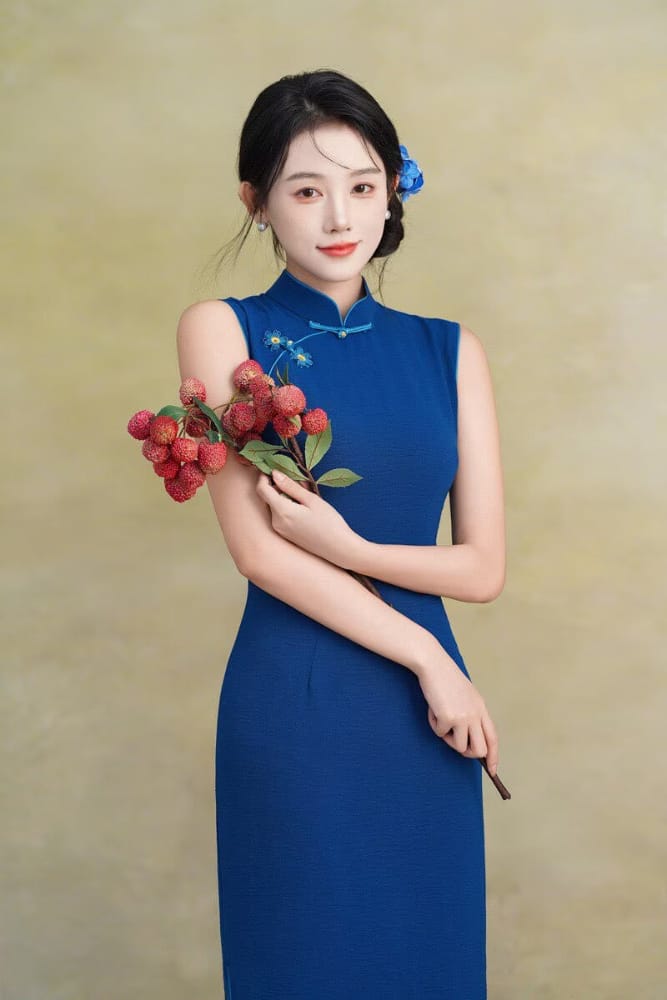 Beth and Brian Qipao-TX Sleeveless, plain pattern, silk linen midi Cheongsam