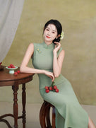 Beth and Brian Qipao-TX Sleeveless, plain pattern, silk linen midi Cheongsam