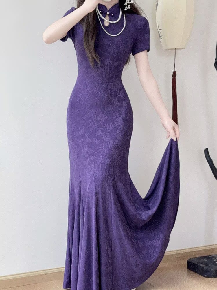 Beth and Brian Qipao-LSB Cotton fabric, butterfly mermaid long Cheongsam