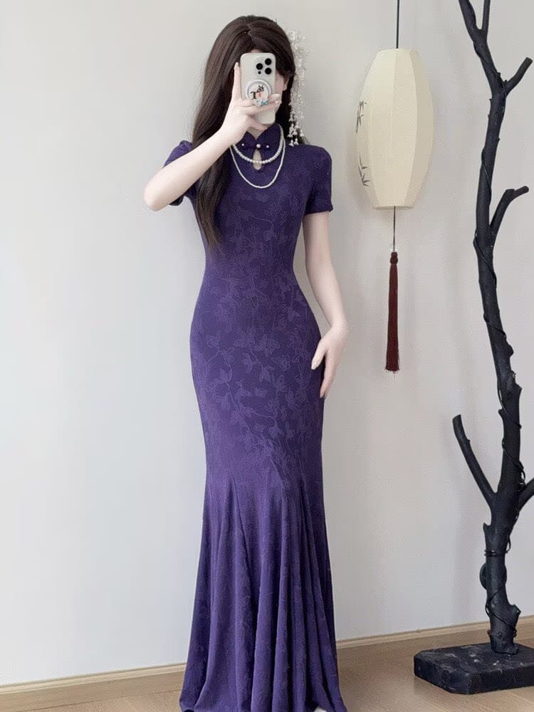Beth and Brian Qipao-LSB Cotton fabric, butterfly mermaid long Cheongsam