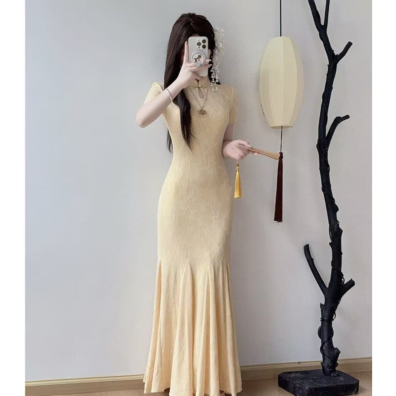 Beth and Brian Qipao-LSB Cotton fabric, butterfly mermaid long Cheongsam