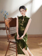 Beth and Brian Qipao-TX Lotus print, dark green&black velvet midi cheongsam