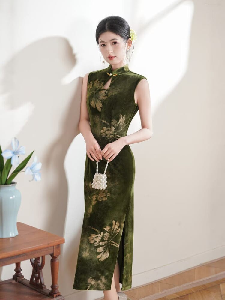 Beth and Brian Qipao-TX Lotus print, dark green&black velvet midi cheongsam