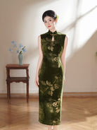 Beth and Brian Qipao-TX Lotus print, dark green&black velvet midi cheongsam