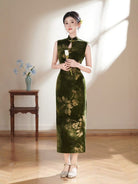 Beth and Brian Qipao-TX Lotus print, dark green&black velvet midi cheongsam