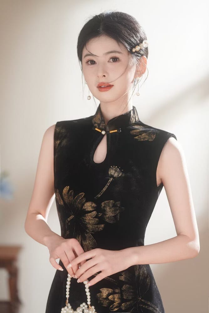 Beth and Brian Qipao-TX Lotus print, dark green&black velvet midi cheongsam